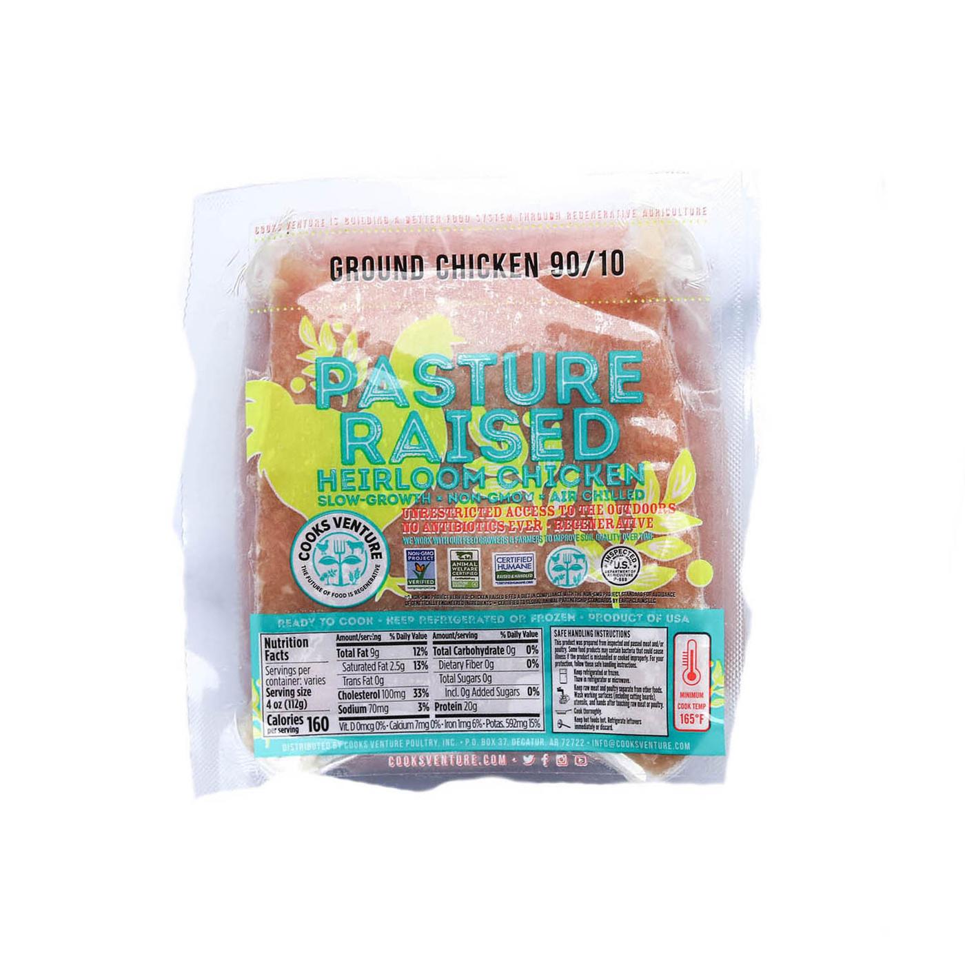 Get Cooks Venture Ground Chicken, Pasture-Raised Heirloom 90/10