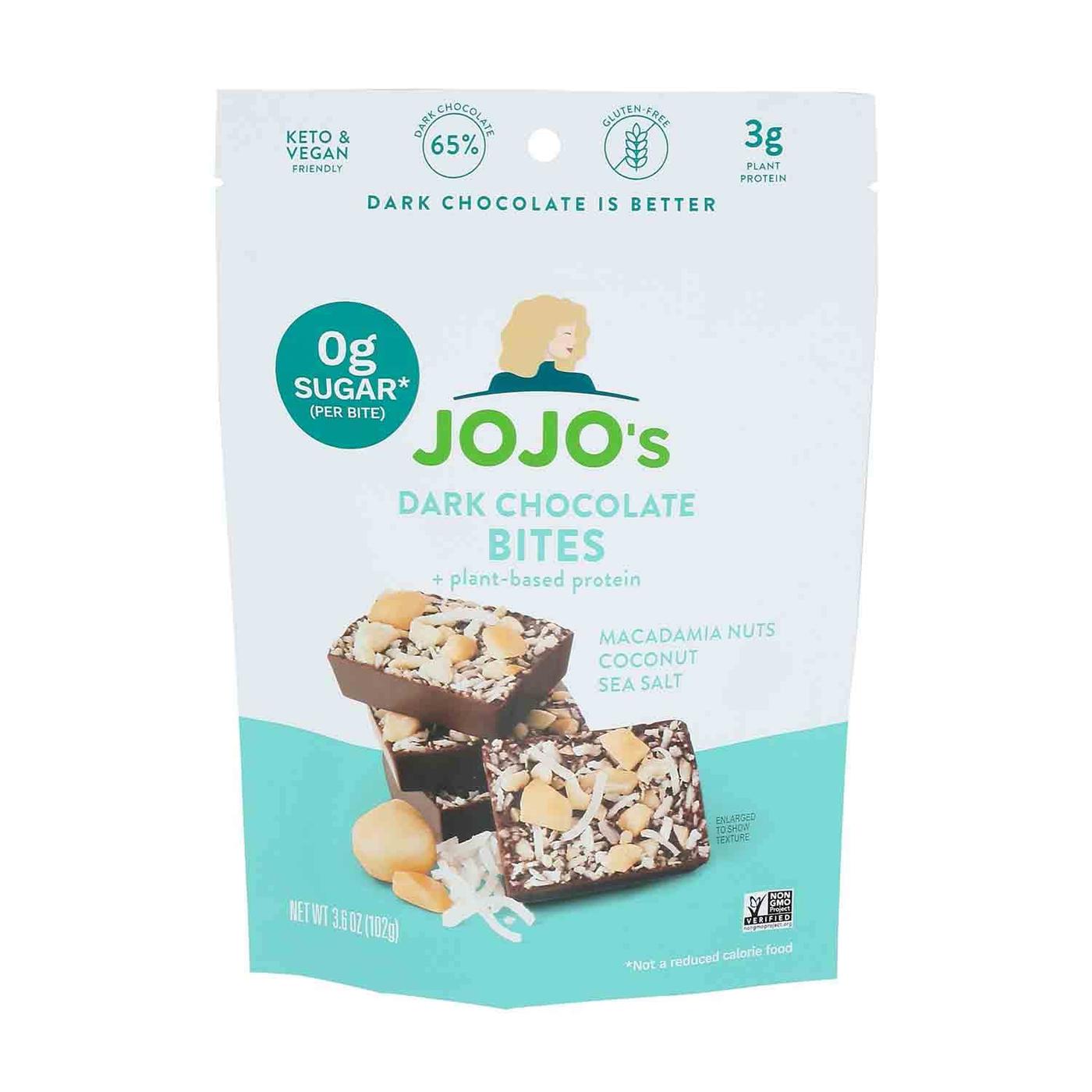 Get Jojo's Chocolate Dark Chocolate Bites, Macadamia, Coconut