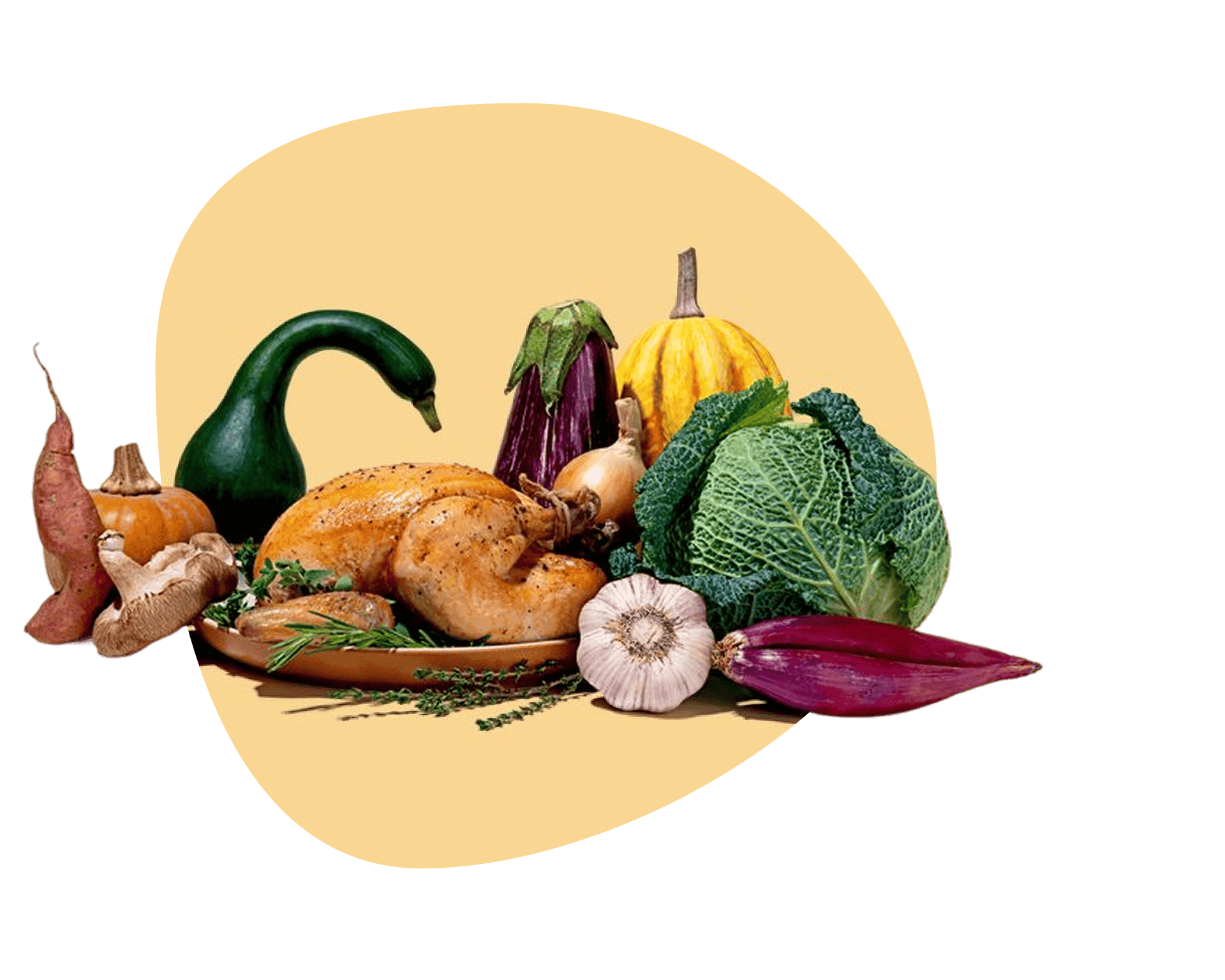 Roasted whole chicken with fresh herbs, sweet potatoes, cabbage, garlic, and squash — buy chicken online, farm-fresh free range selection.