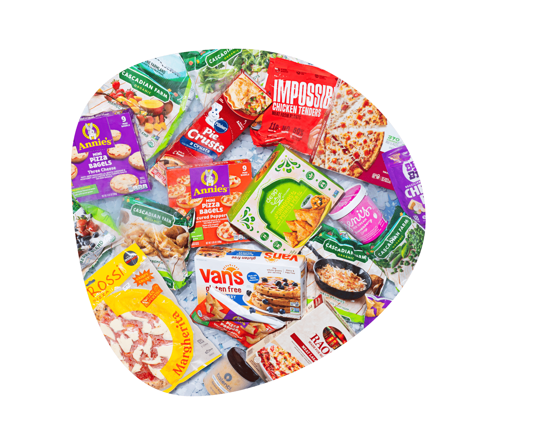 Assorted frozen meals like pizza, chicken tenders, and bagels from prepared food delivery, including healthy options.
