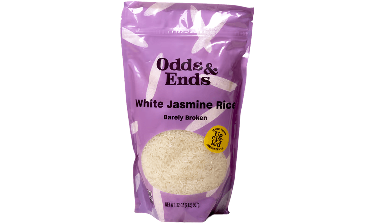 A purple bag of white rice.