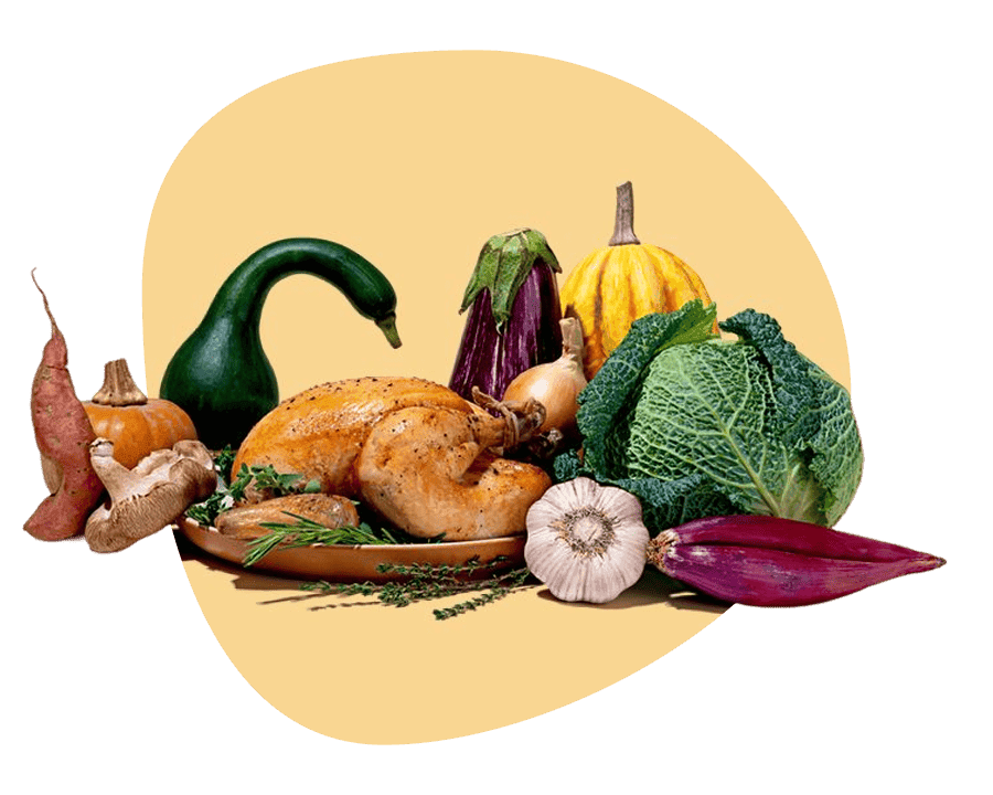 Roasted whole chicken with fresh herbs, sweet potatoes, cabbage, garlic, and squash — buy chicken online, farm-fresh free range selection.