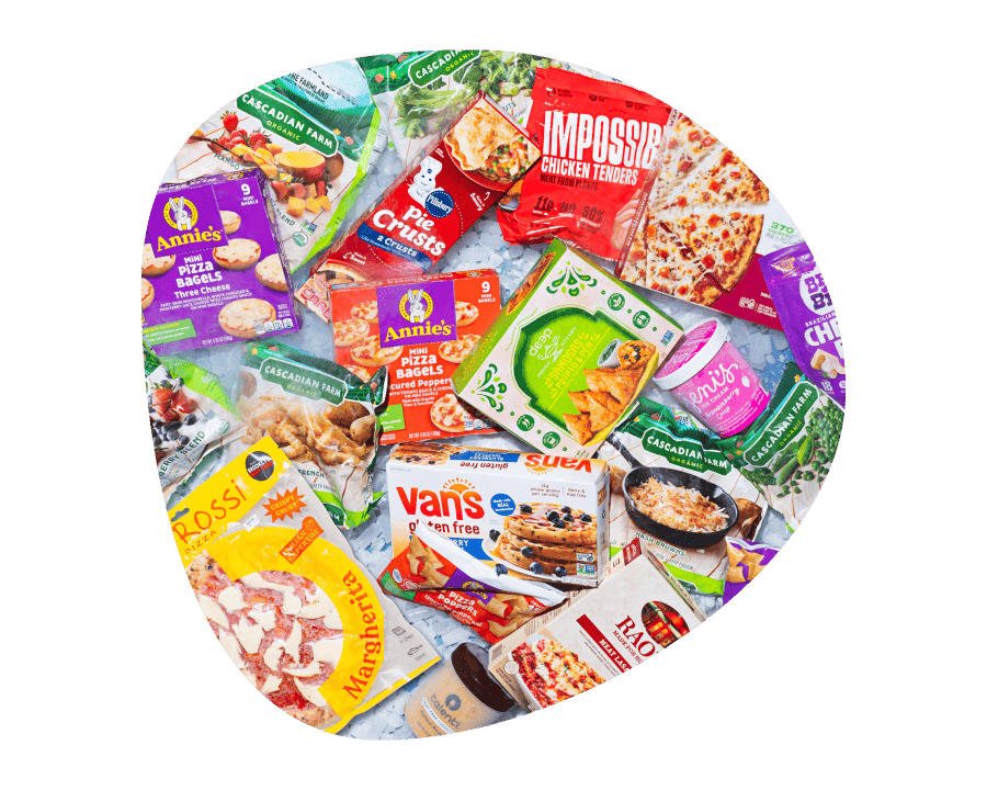 Assorted frozen meals like pizza, chicken tenders, and bagels from prepared food delivery, including healthy options.