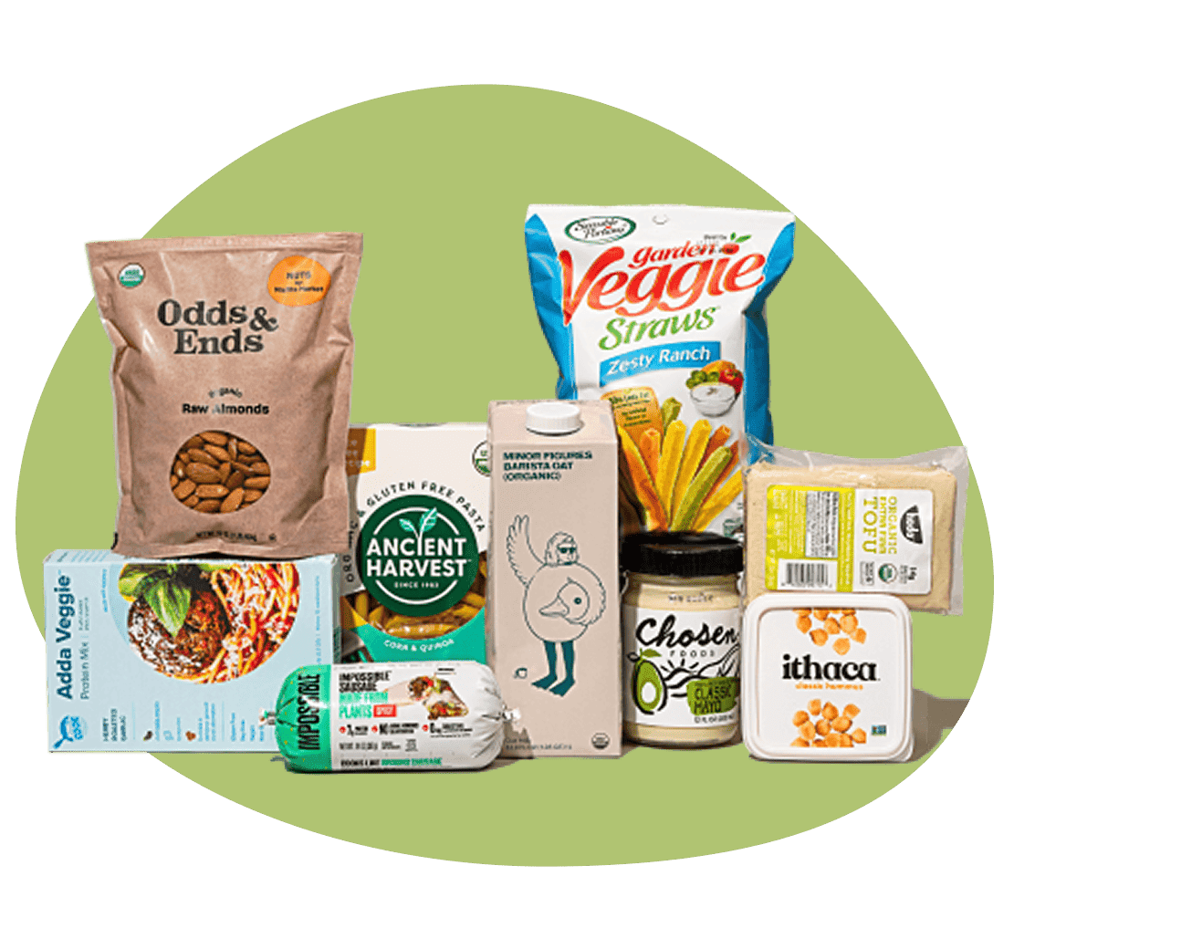 Assortment of plant-based grocery products