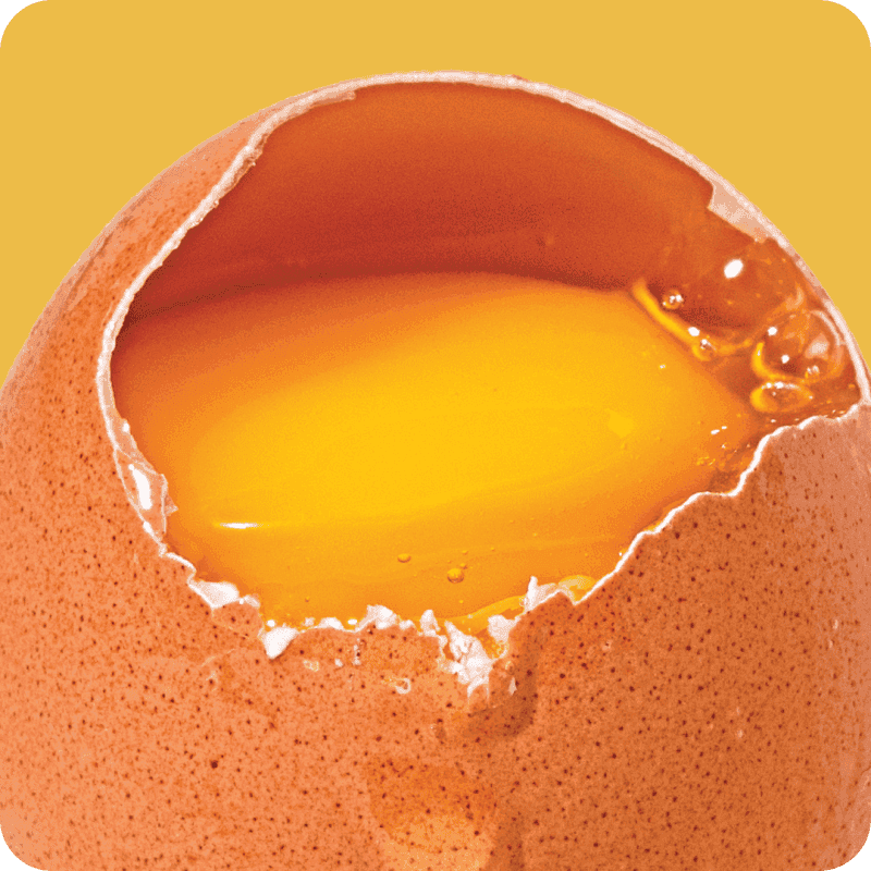 Image of an egg with the shell cracked and yolk dripping out