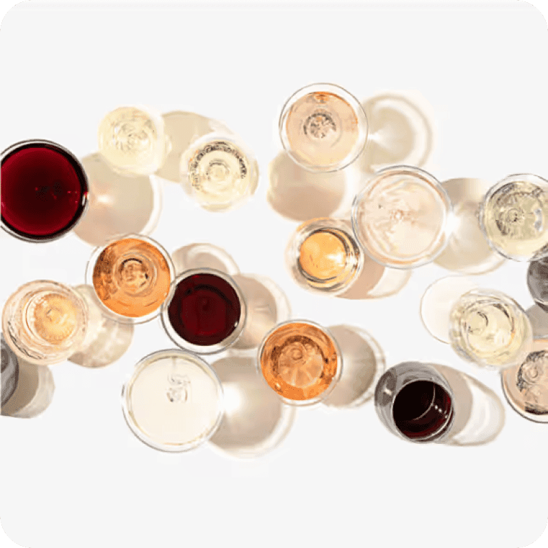 Overhead shot of a bunch of glasses of wine