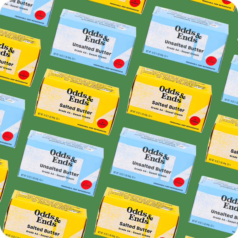 Flatlay of Odds & Ends Unsalted Butter and Salted Butter packages arranged in a grid pattern, available through Misfits Market butter delivery