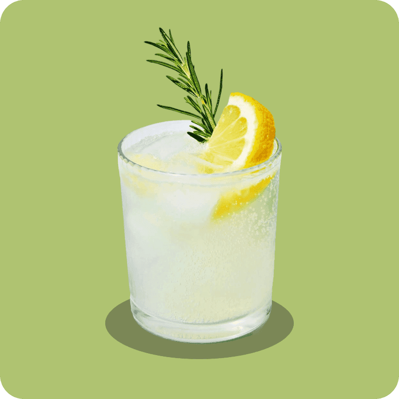 Glass of sparkling water with a lemon and sprig of rosemary