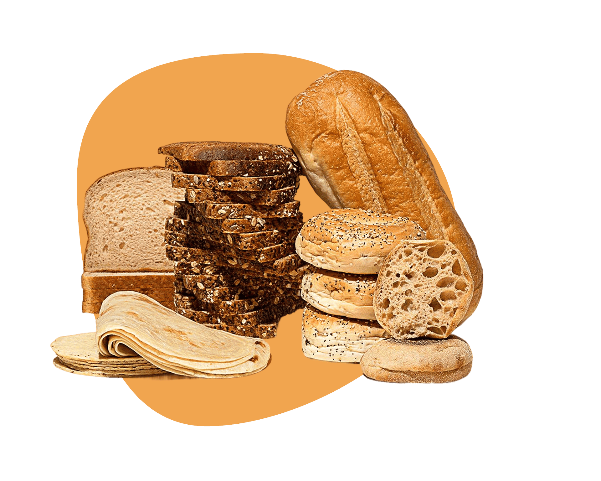 Assortment of fresh breads, bagels, and tortillas available for baked goods delivery from Misfits Market