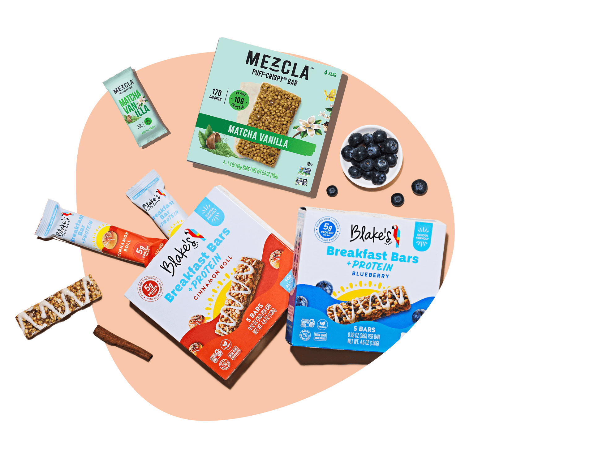Mezcla Matcha Vanilla and Blake's Breakfast Protein Bars arranged as an assortment to buy protein bars online