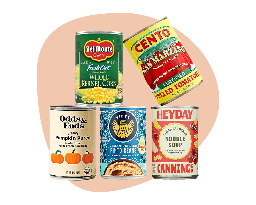 Canned goods delivery selection with Del Monte corn, Cento San Marzano tomatoes, Siete pinto beans, pumpkin purée, and noodle soup.
