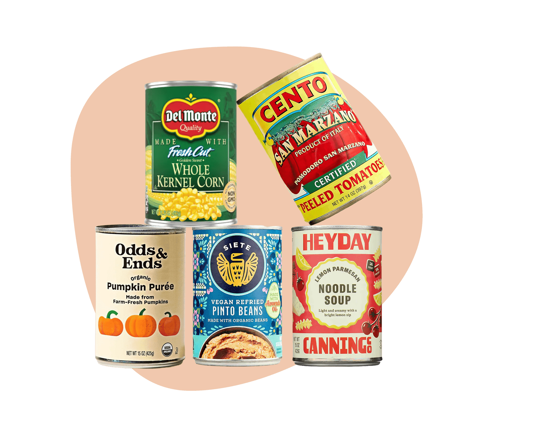 Canned goods delivery selection with Del Monte corn, Cento San Marzano tomatoes, Siete pinto beans, pumpkin purée, and noodle soup.
