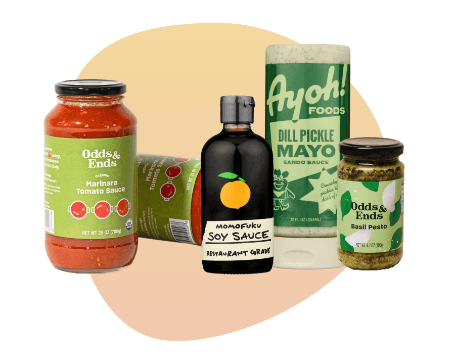 Sauces delivery selection including Odds & Ends marinara and pesto, Momofuku soy sauce, and Ayoh dill pickle mayo condiments.