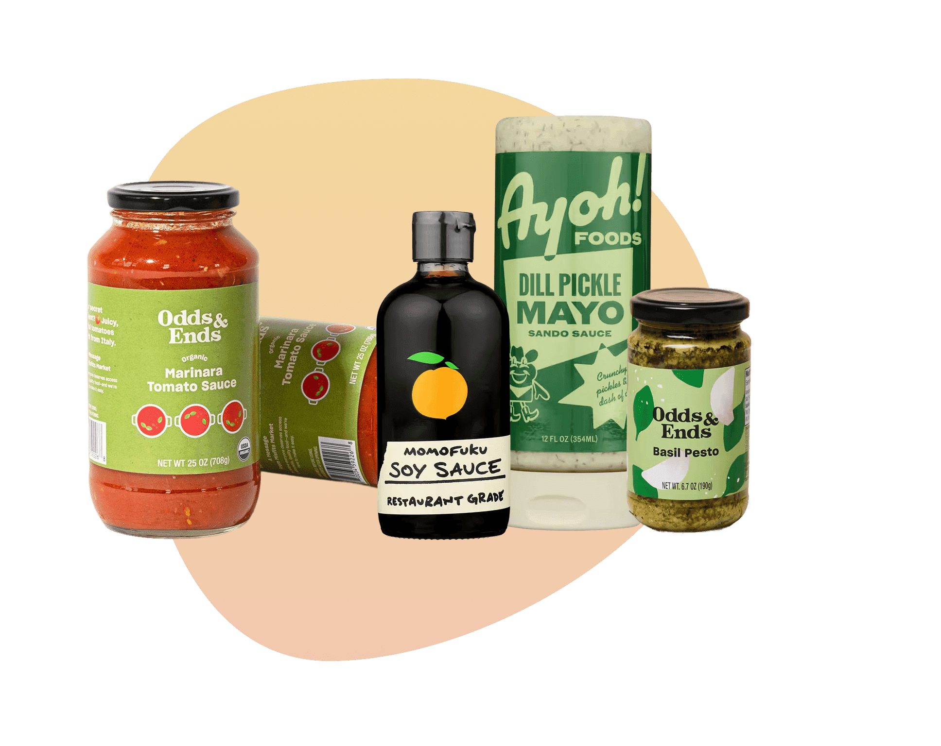 Sauces delivery selection including Odds & Ends marinara and pesto, Momofuku soy sauce, and Ayoh dill pickle mayo condiments.