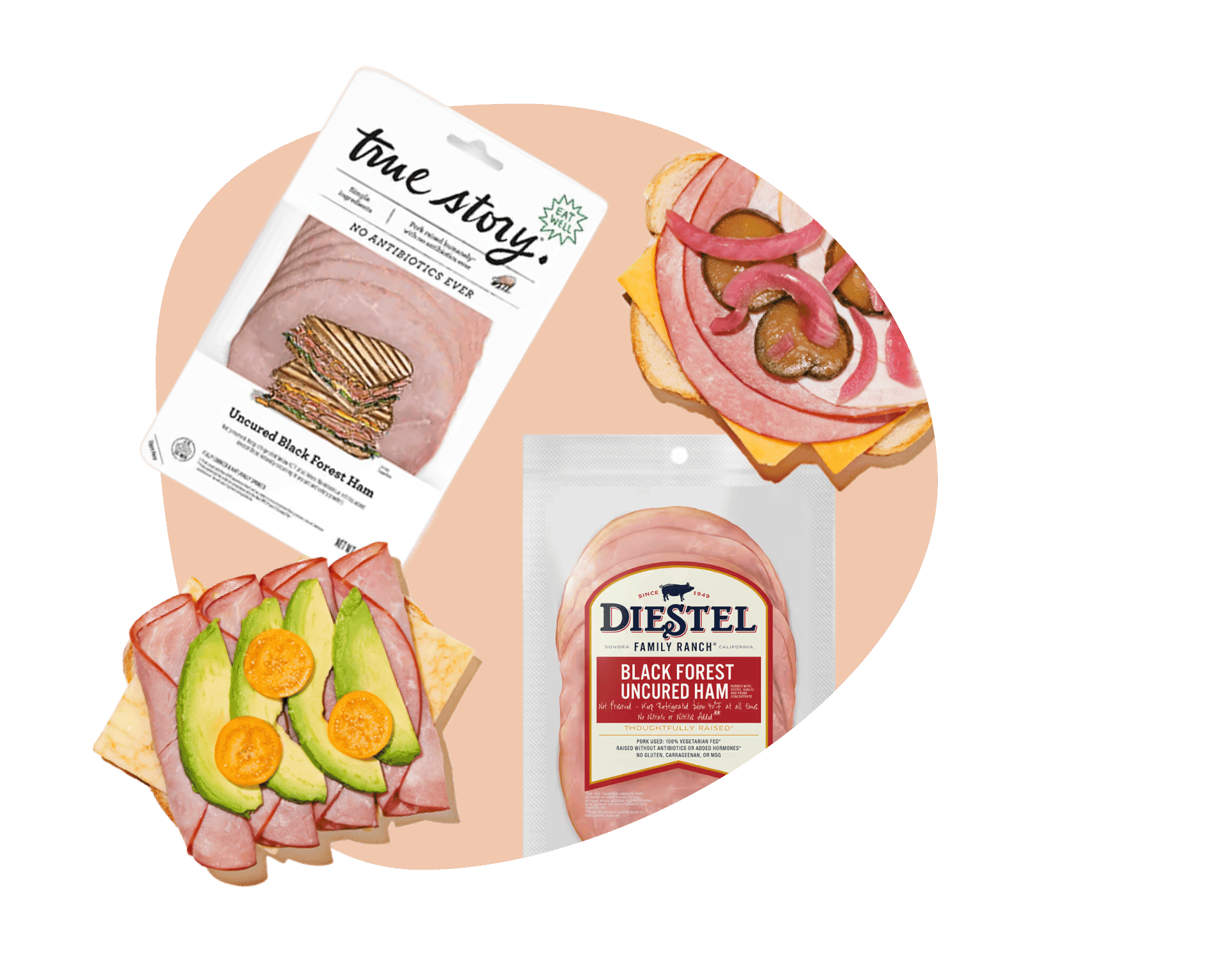 True Story and Diestel sliced ham delivery options with Black Forest uncured ham packages and open-faced sandwich builds.