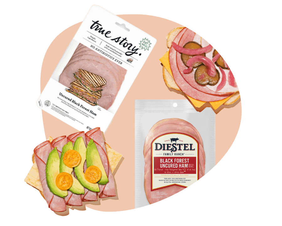 True Story and Diestel sliced ham delivery options with Black Forest uncured ham packages and open-faced sandwich builds.