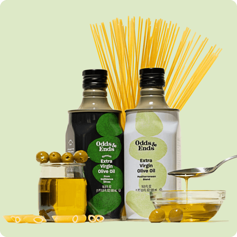 Odds & Ends Spanish and Mediterranean Extra Virgin Olive Oil bottles with pasta and olives, shop olive oil delivery from Misfits Market.