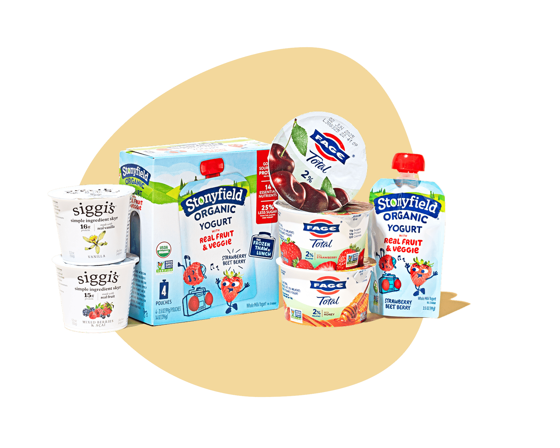 Yogurt delivery selection featuring Siggi's skyr, Stonyfield Organic, and Fage Total Greek yogurt delivery in cups and pouches.