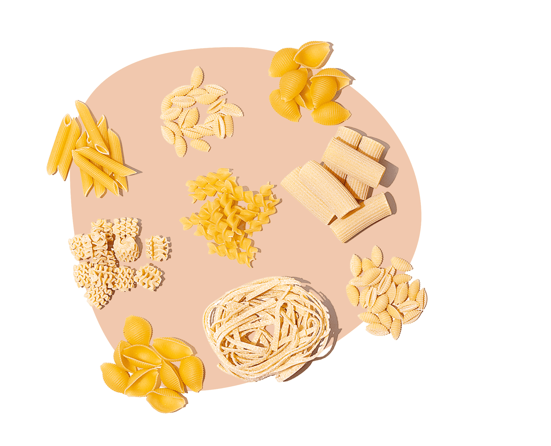 Pasta delivery selection of penne, shells, fusilli, and angel hair noodles arranged on a pink background.