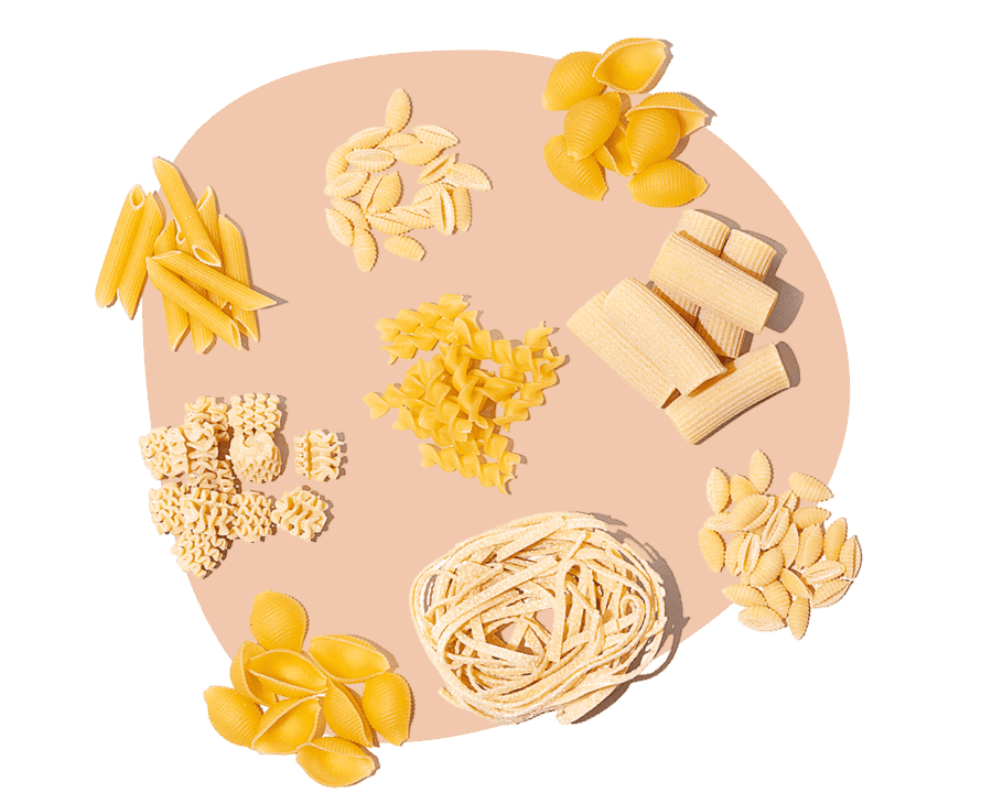 Pasta delivery selection of penne, shells, fusilli, and angel hair noodles arranged on a pink background.