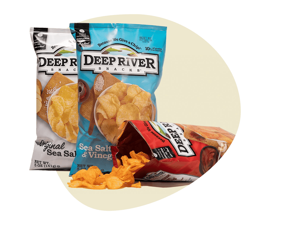 Deep River Snacks chips delivery in Original Sea Salt, Sea Salt & Vinegar, and BBQ flavors, cooked in sunflower oil.