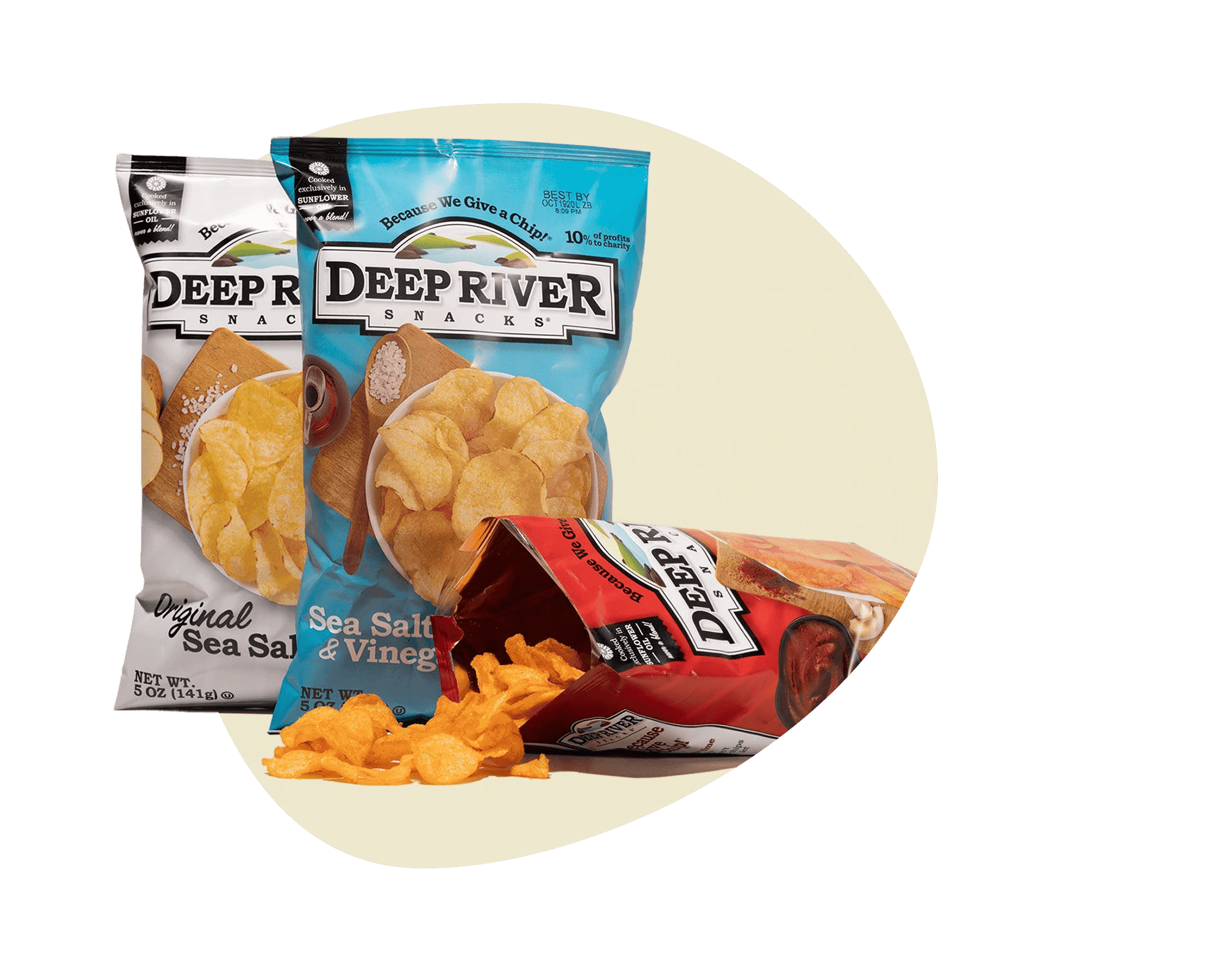 Deep River Snacks chips delivery in Original Sea Salt, Sea Salt & Vinegar, and BBQ flavors, cooked in sunflower oil.