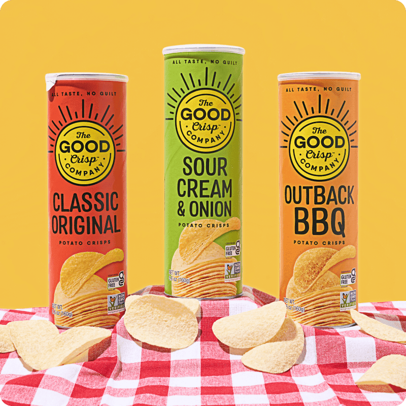 Good Crisp Company chips delivery in Classic Original, Sour Cream & Onion, and Outback BBQ gluten-free potato crisps.