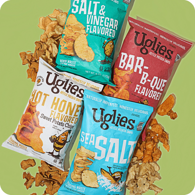 Uglies kettle chips delivery in Salt & Vinegar, BBQ, Hot Honey Sweet Potato, and Sea Salt flavors made from imperfect produce.