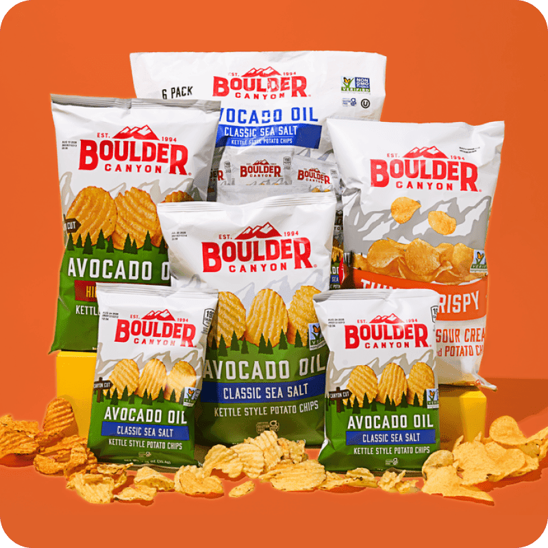 Boulder Canyon Avocado Oil Classic Sea Salt kettle style potato chips in multiple bag sizes, available for chips delivery.