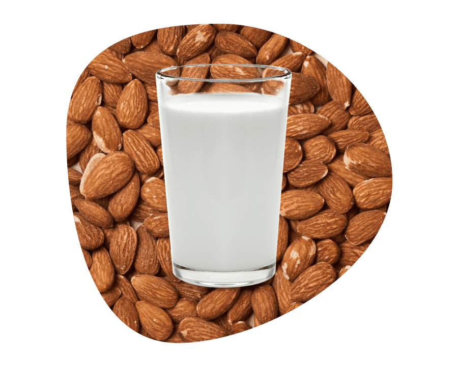 Glass of creamy organic almond milk surrounded by raw almonds, available for almond milk delivery from Misfits Market.