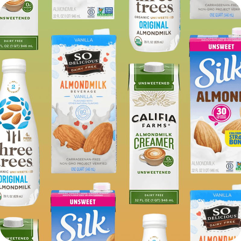 Variety of organic almond milk brands including Silk, Califia Farms, and Three Trees, available for almond milk delivery.