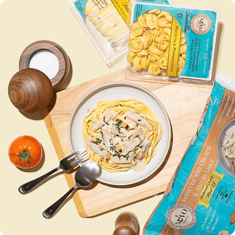 Fettuccine Alfredo with chicken and tortellini from our prepared food delivery, a healthy option made easy.