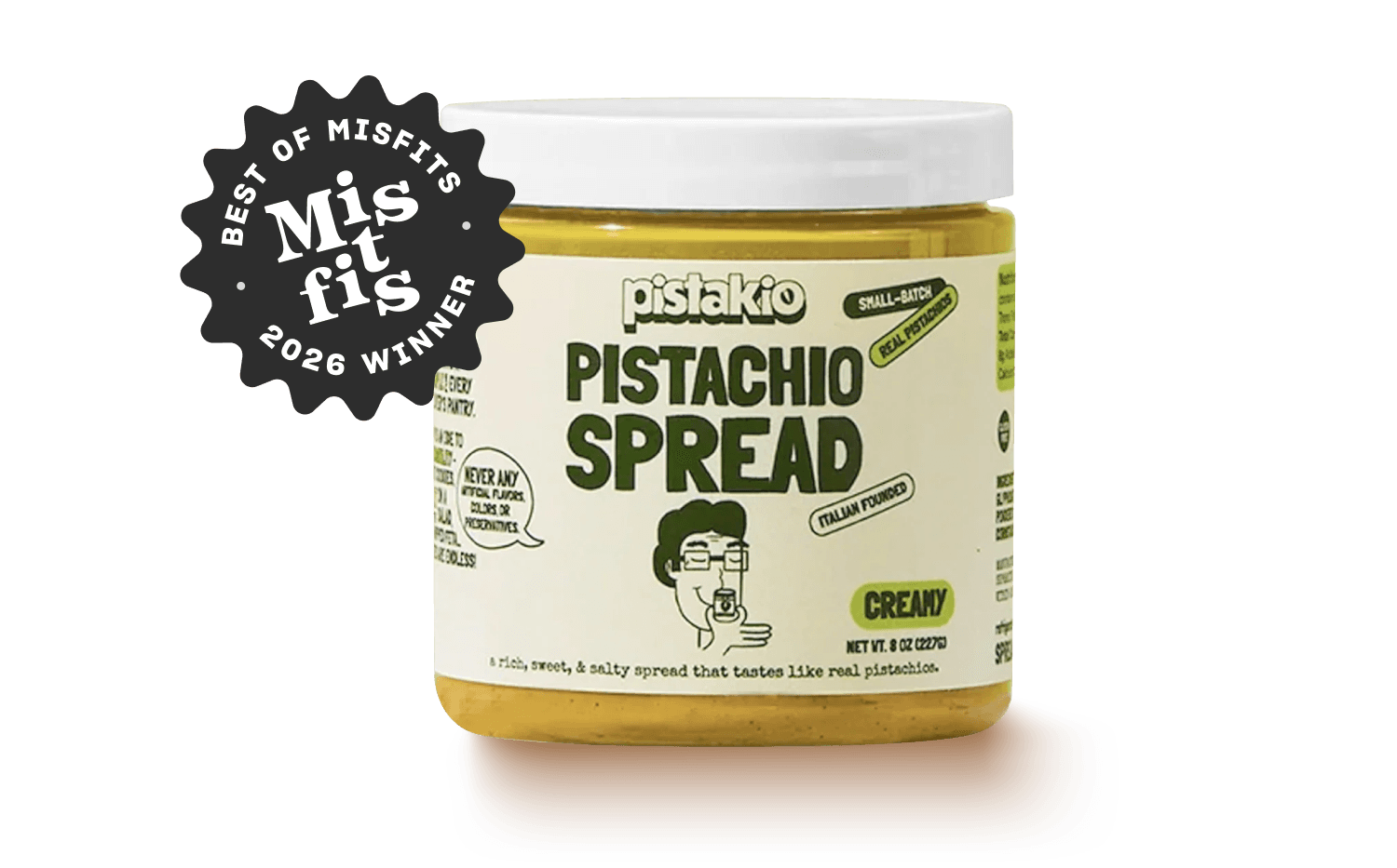 A jar of Pistakio creamy pistachio spread with a "Best of Misfits 2026 Winner" badge.